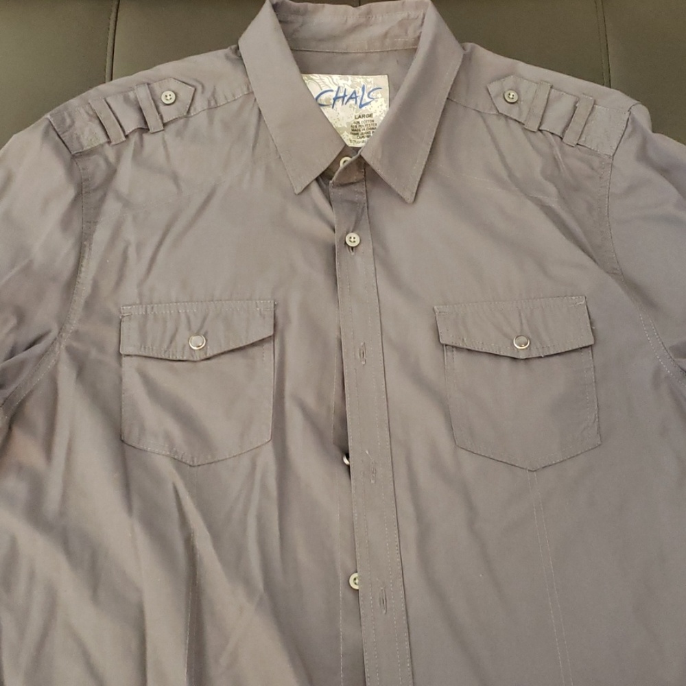 Chalc,  large,  gray button down shirt.